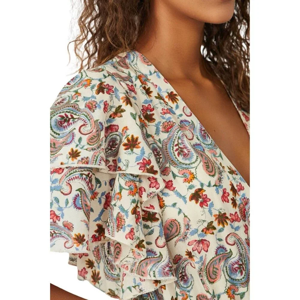 FREE PEOPLE women size Large Call Me Later Bodysuit Top Paisley Printed v-neck - Picture 4 of 11